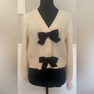 Express NWT! Cream Knit Snap Sweater with Black Bow Details
